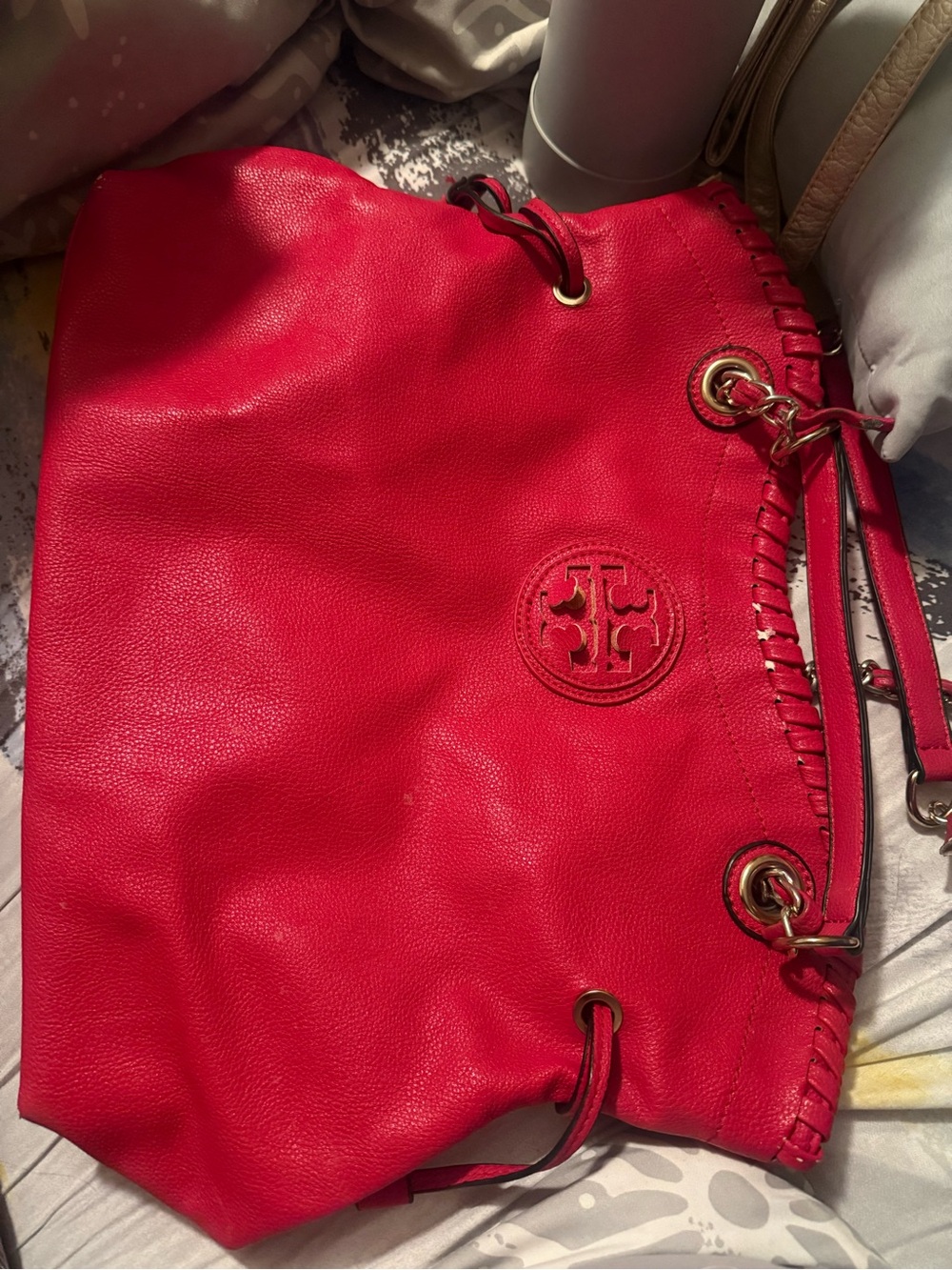 Tory Burch Bright Red Pebbled Leather Drawstring Tote